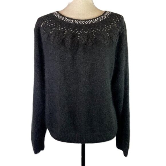 Gladys Bagley Sweaters - Vintage Gladys Bagley Black Silk Angora Blend Sweater Pearl Beaded Neck Size L